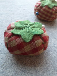 Red Tomato Pincushion in Tea Dyed Homespun Cotton