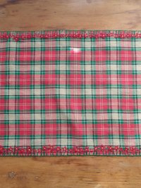 Red & Green Plaid Holiday Table Runner, Hand Embroidered Flowers