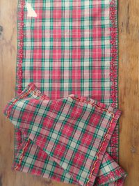 Red & Green Plaid Holiday Table Runner, Hand Embroidered Flowers