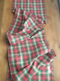 Red & Green Plaid Holiday Table Runner, Hand Embroidered Flowers