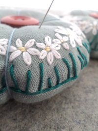Linen Pincushion with Hand Embroidered Daisies