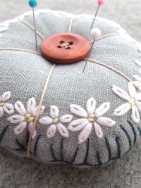 Linen Pincushion with Hand Embroidered Daisies