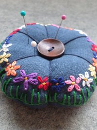 Linen Pincushion with Hand Embroidered Daisies