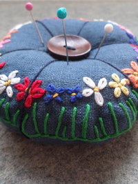 Linen Pincushion with Hand Embroidered Daisies