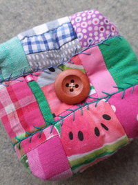 Patchwork Pincushion, Hand Embroidered Crazy Quilt Design in Pinks and Greens