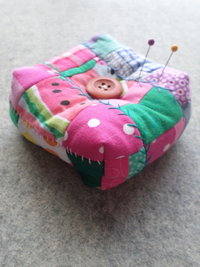 Patchwork Pincushion, Hand Embroidered Crazy Quilt Design in Pinks and Greens