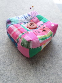 Patchwork Pincushion, Hand Embroidered Crazy Quilt Design in Pinks and Greens