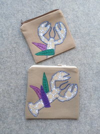 Maine Lobster Zip Bag, Hand Embroidered Coin Purse