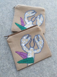Maine Lobster Zip Bag, Hand Embroidered Coin Purse