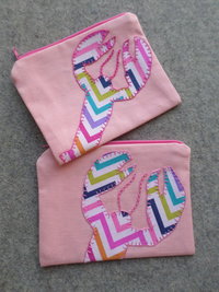 Maine Lobster Zip Bag, Hand Embroidered Pink Coin Purse with Rainbow Chevron Design