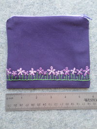 Violets Zip Bag, Hand Embroidered Coin Purse with Purple Flower Design