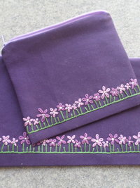 Violets Zip Bag, Hand Embroidered Coin Purse with Purple Flower Design