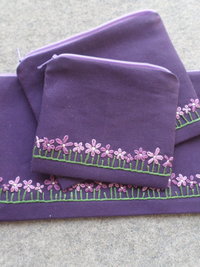 Violets Zip Bag, Hand Embroidered Coin Purse with Purple Flower Design