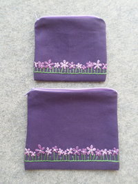 Violets Zip Bag, Hand Embroidered Coin Purse with Purple Flower Design