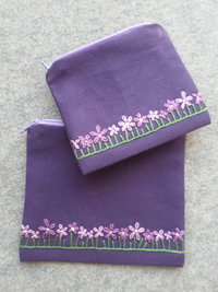 Violets Zip Bag, Hand Embroidered Coin Purse with Purple Flower Design