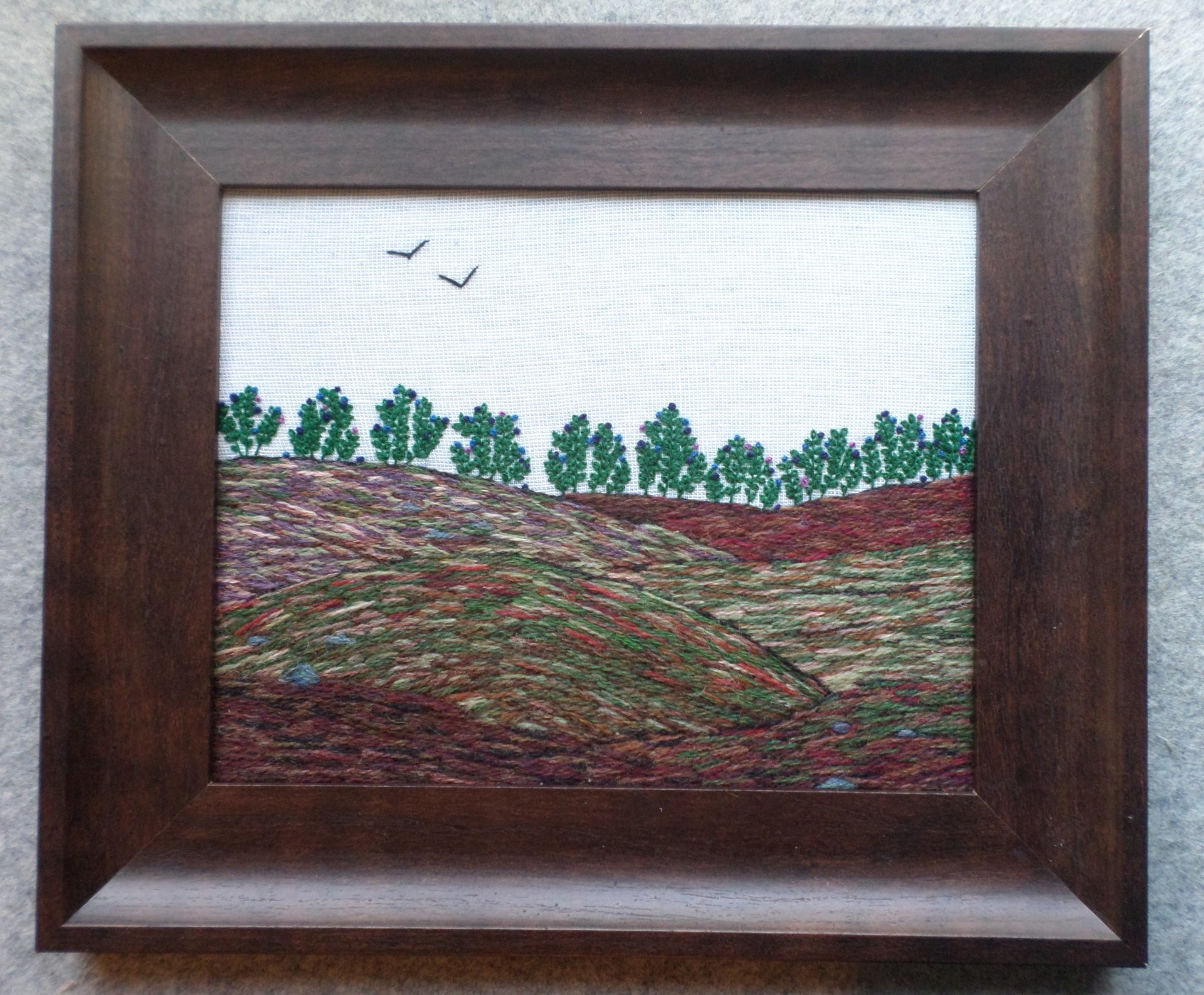 11" x 13" Wild Maine Blueberry Barren Hand-Embroidered Crewel Wall Art