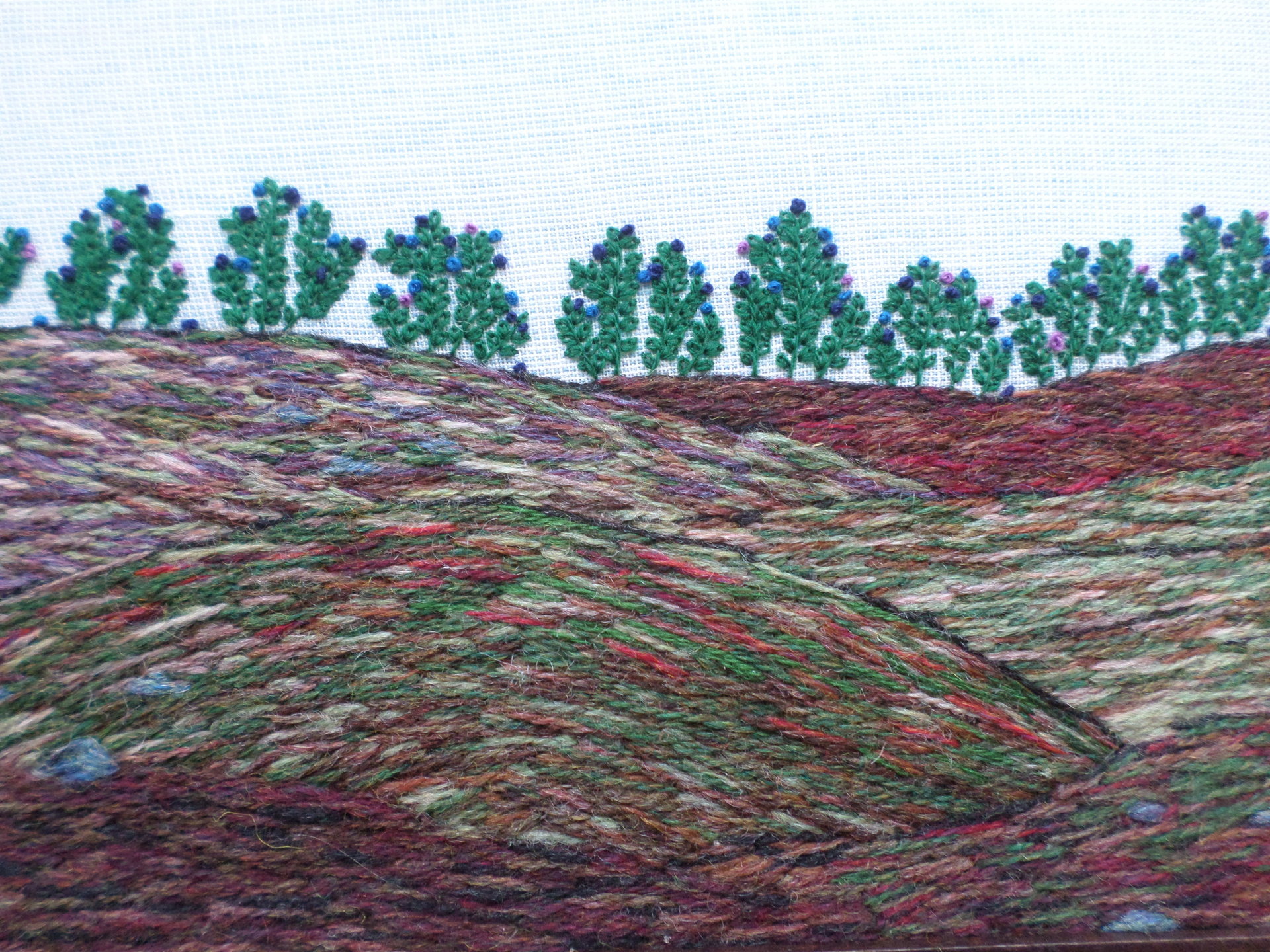 11" x 13" Wild Maine Blueberry Barren Hand-Embroidered Crewel Wall Art