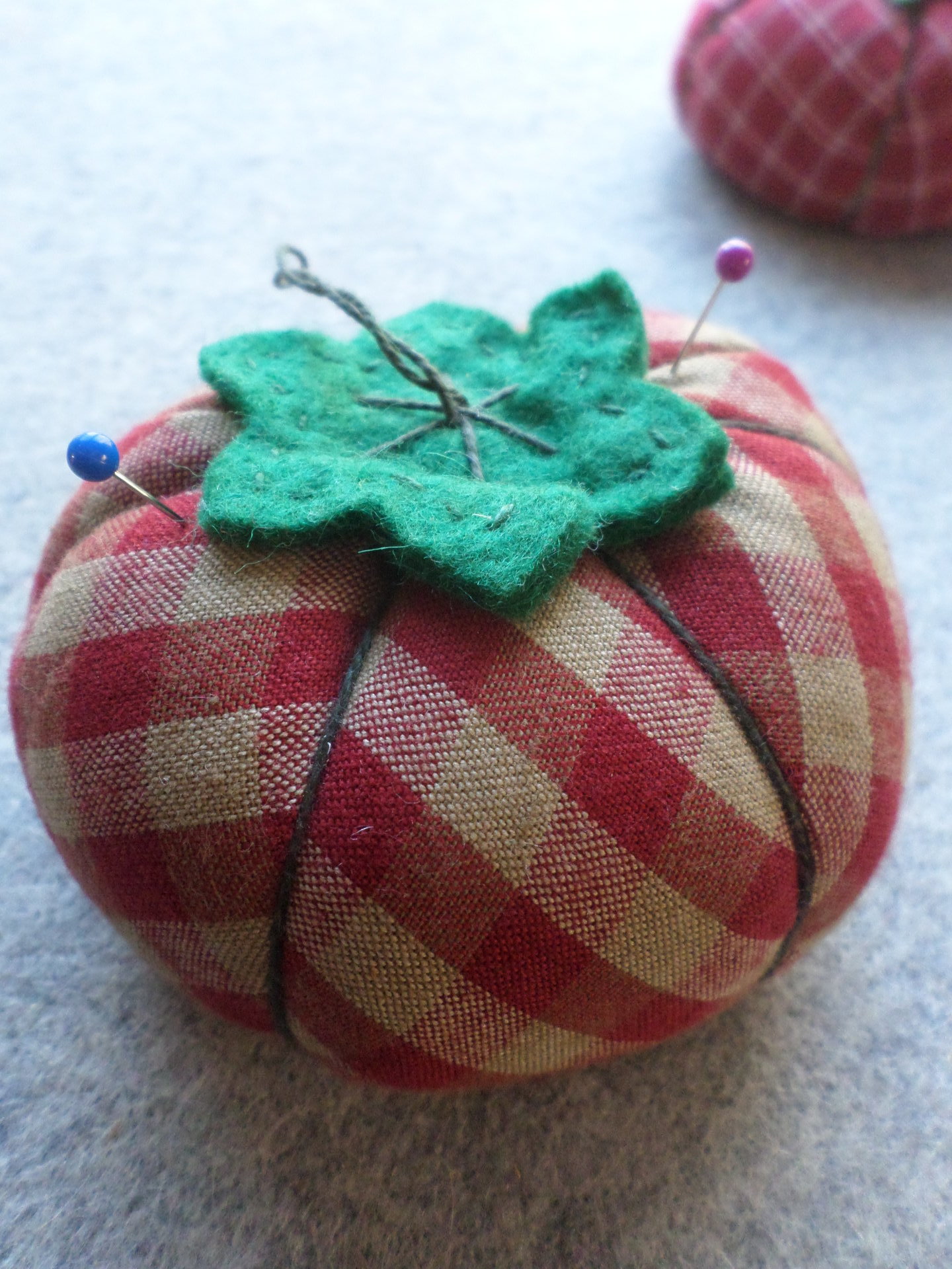 Red Tomato Pincushion in Tea Dyed Homespun Cotton