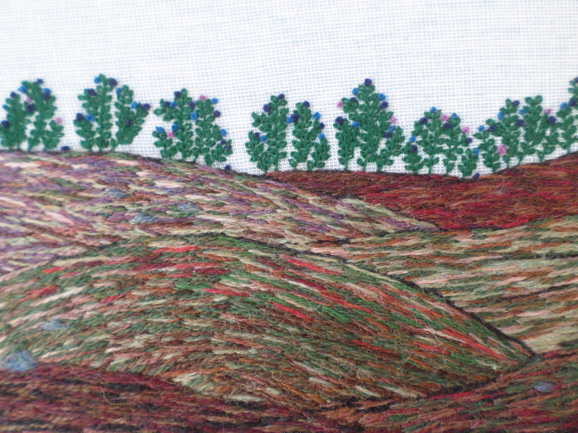11" x 13" Wild Maine Blueberry Barren Hand-Embroidered Crewel Wall Art