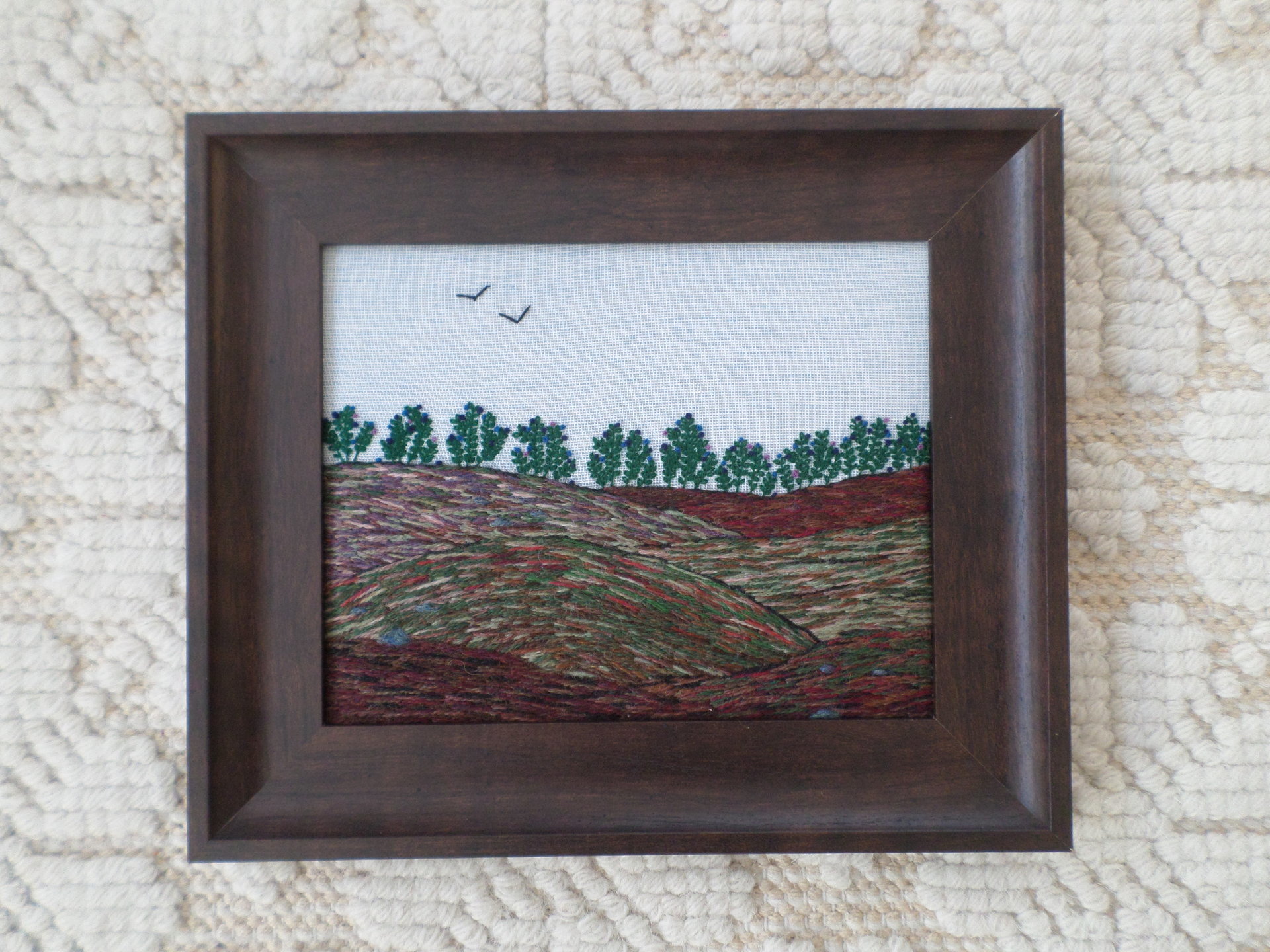 11" x 13" Wild Maine Blueberry Barren Hand-Embroidered Crewel Wall Art