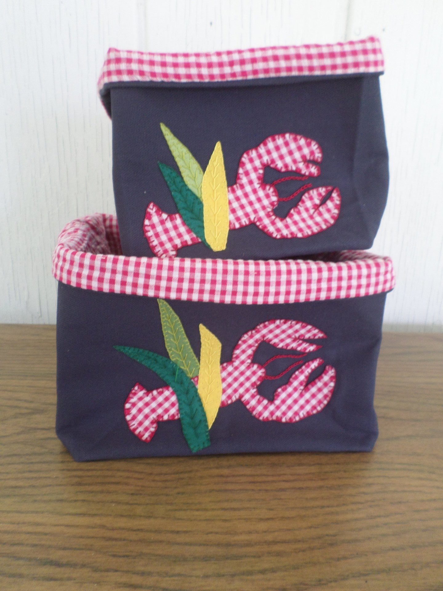 Maine Lobster & Seaweed Hand Embroidered Canvas Fabric Basket