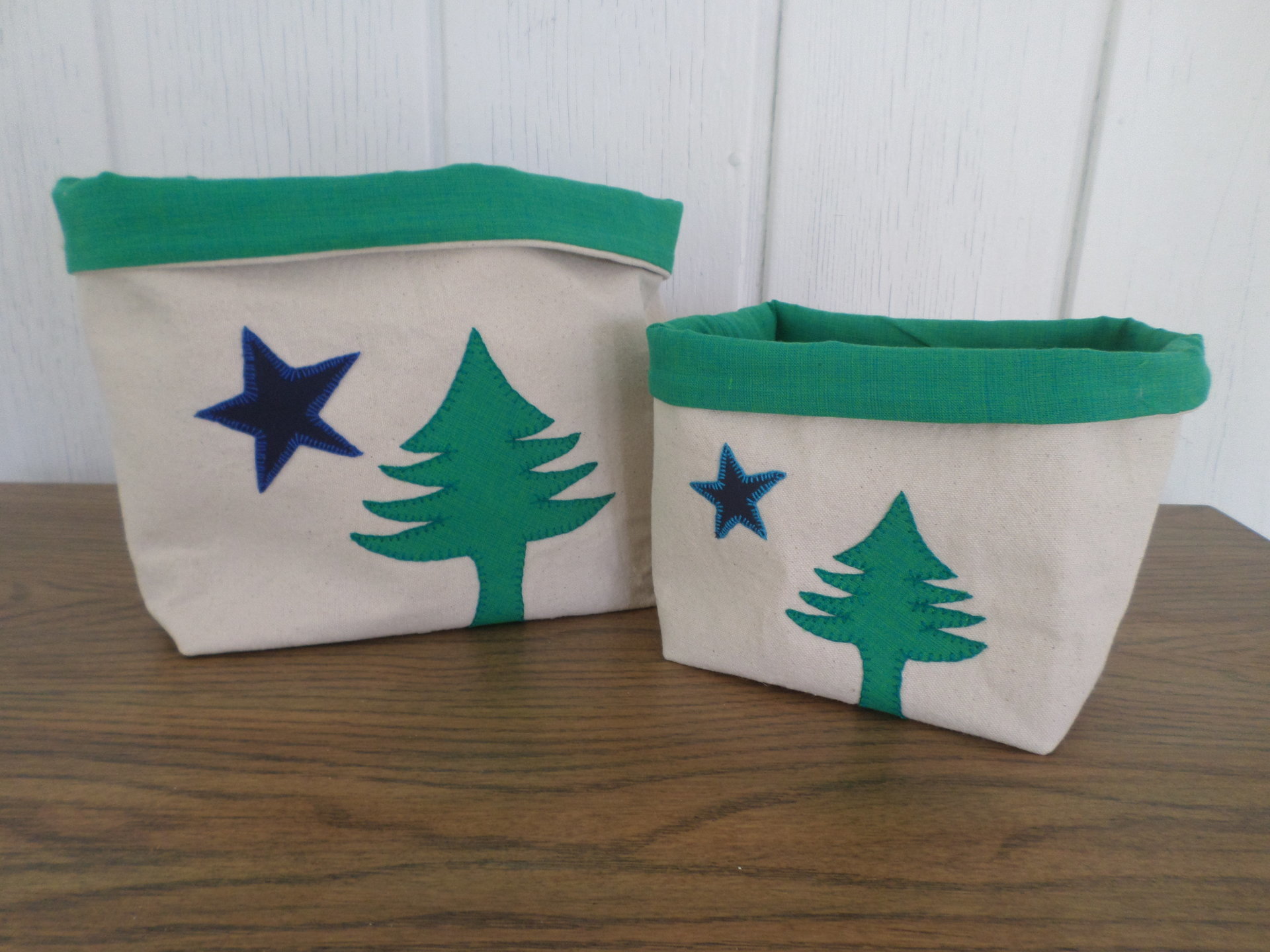 Maine Flag Hand Embroidered Canvas Fabric Basket
