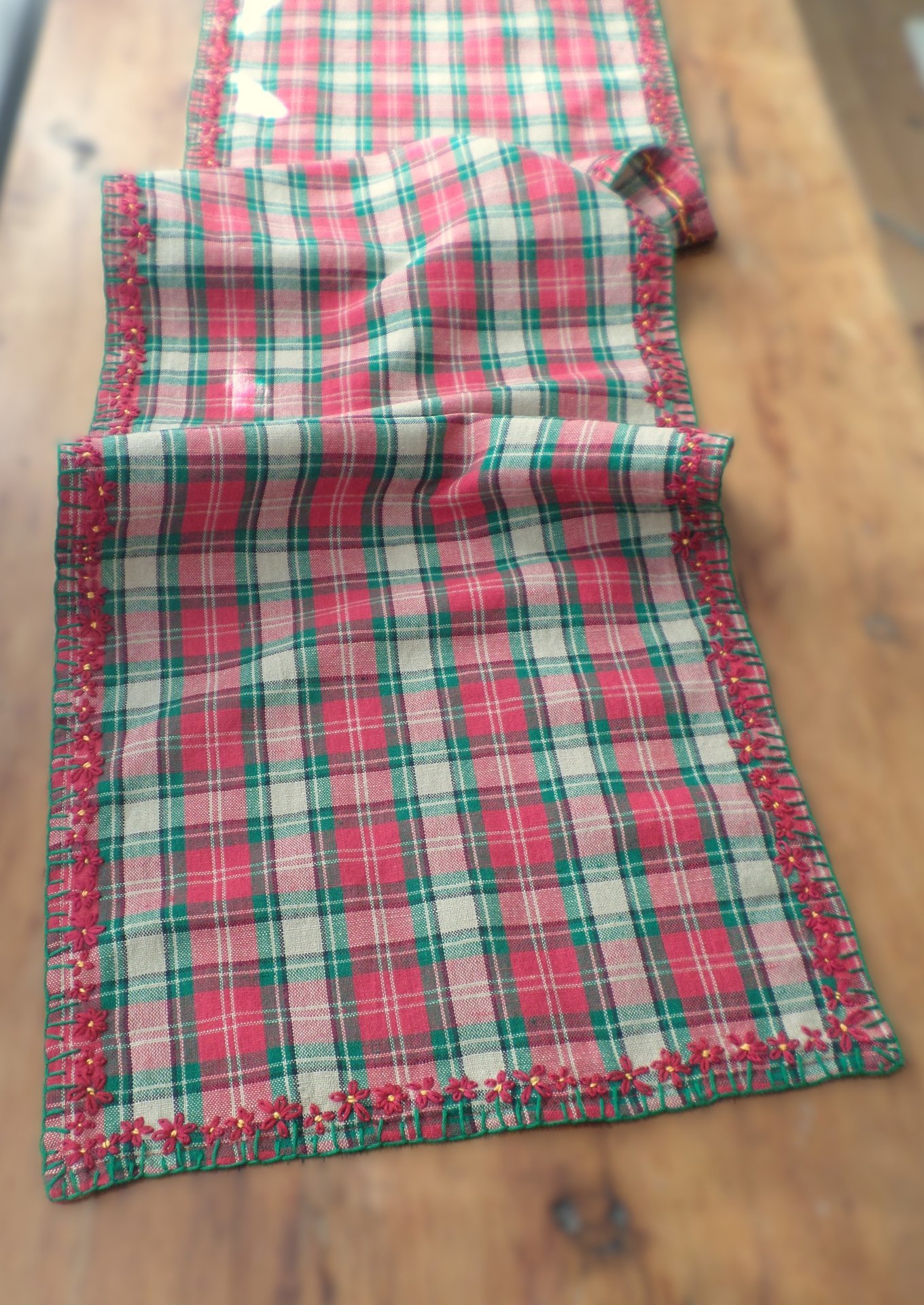 Red & Green Plaid Holiday Table Runner, Hand Embroidered Flowers