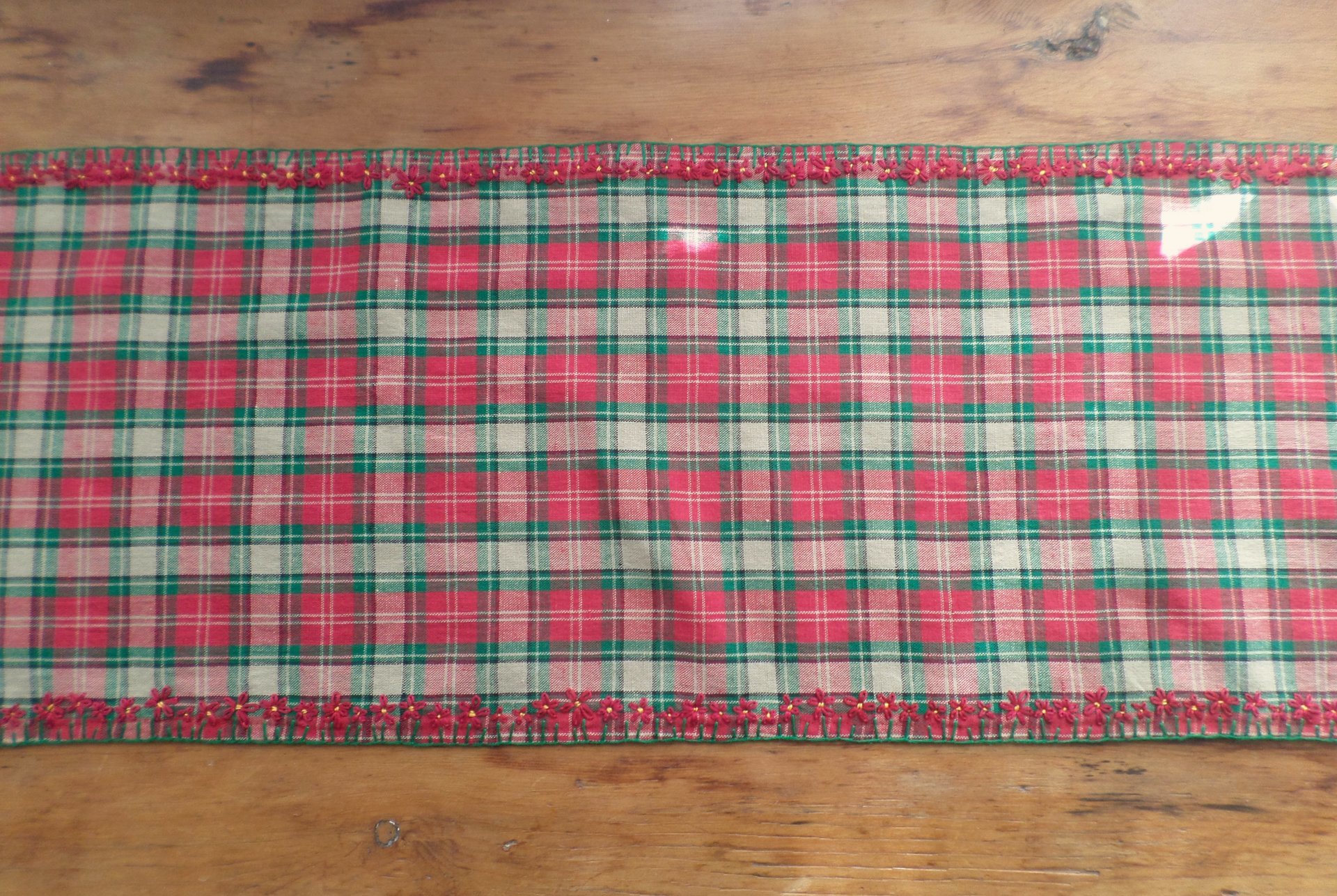 Red & Green Plaid Holiday Table Runner, Hand Embroidered Flowers