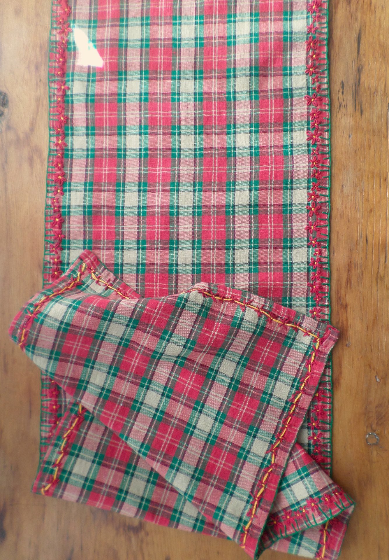 Red & Green Plaid Holiday Table Runner, Hand Embroidered Flowers