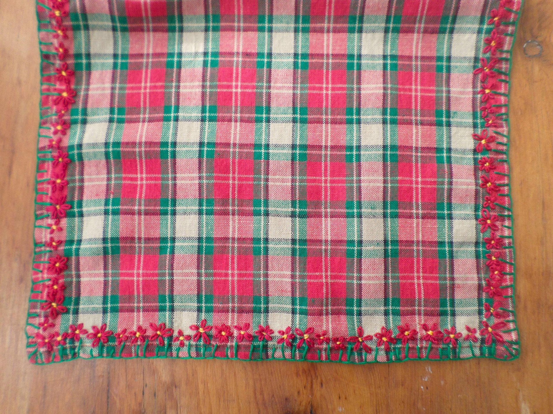 Red & Green Plaid Holiday Table Runner, Hand Embroidered Flowers