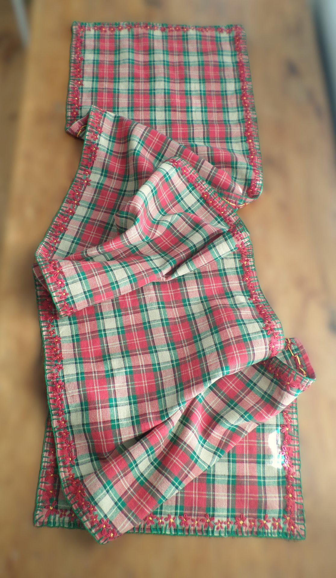 Red & Green Plaid Holiday Table Runner, Hand Embroidered Flowers
