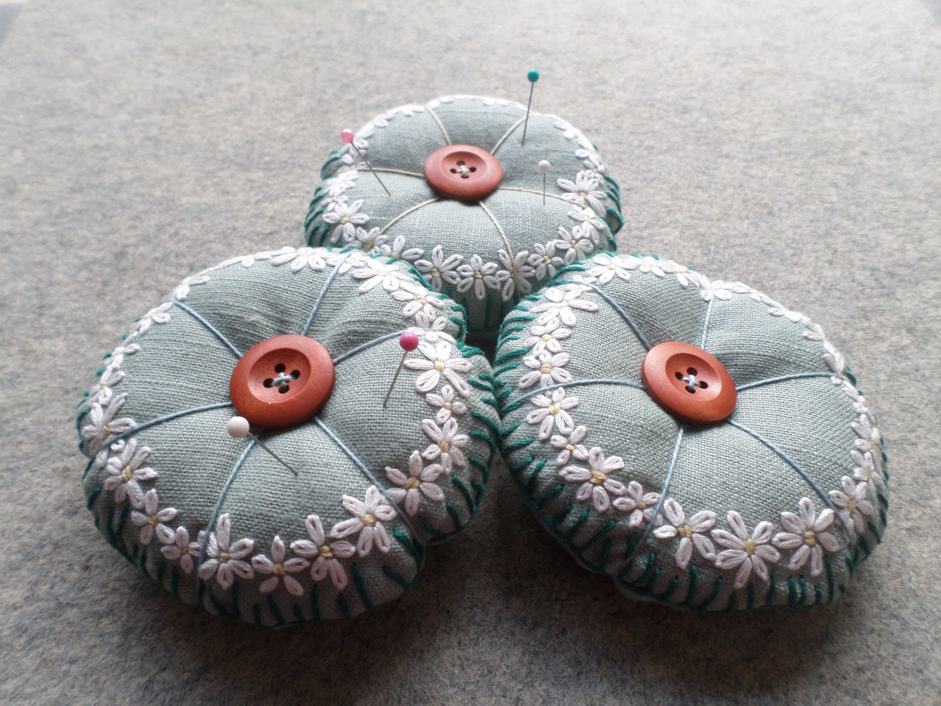 Linen Pincushion with Hand Embroidered Daisies