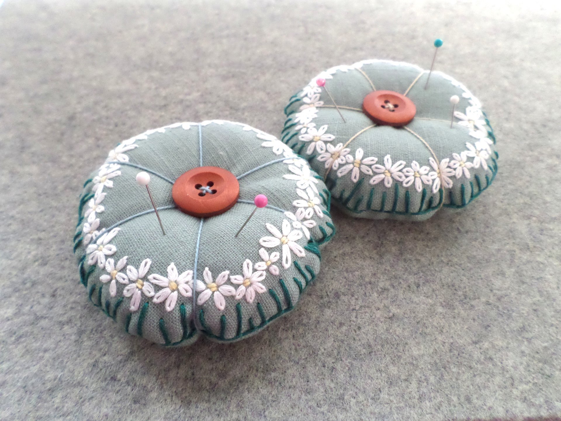 Linen Pincushion with Hand Embroidered Daisies