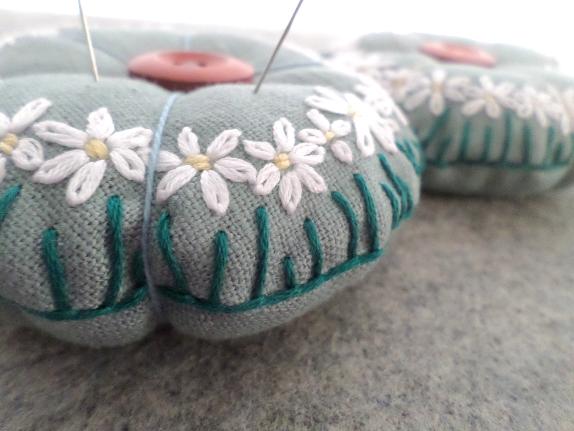 Linen Pincushion with Hand Embroidered Daisies