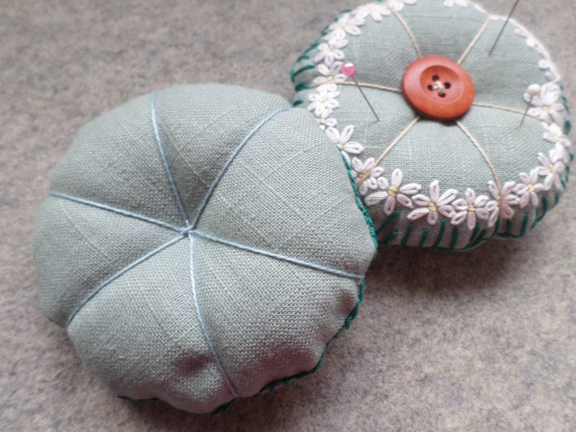 Linen Pincushion with Hand Embroidered Daisies