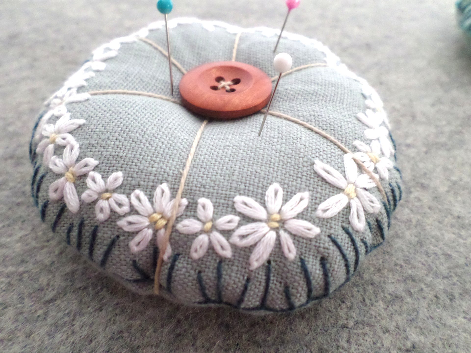 Linen Pincushion with Hand Embroidered Daisies