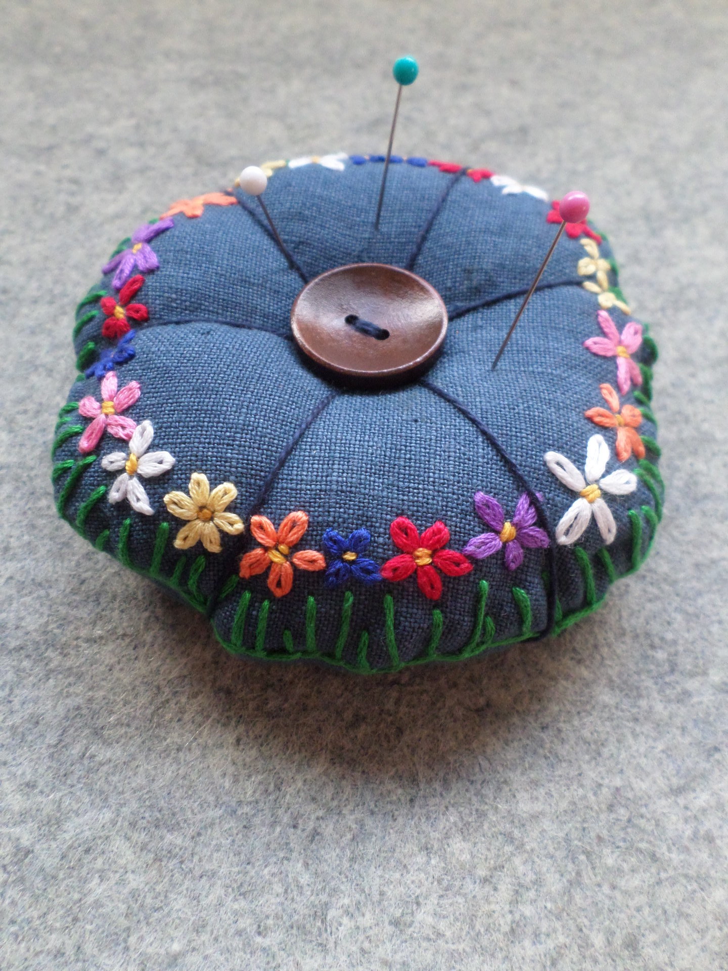Linen Pincushion with Hand Embroidered Daisies