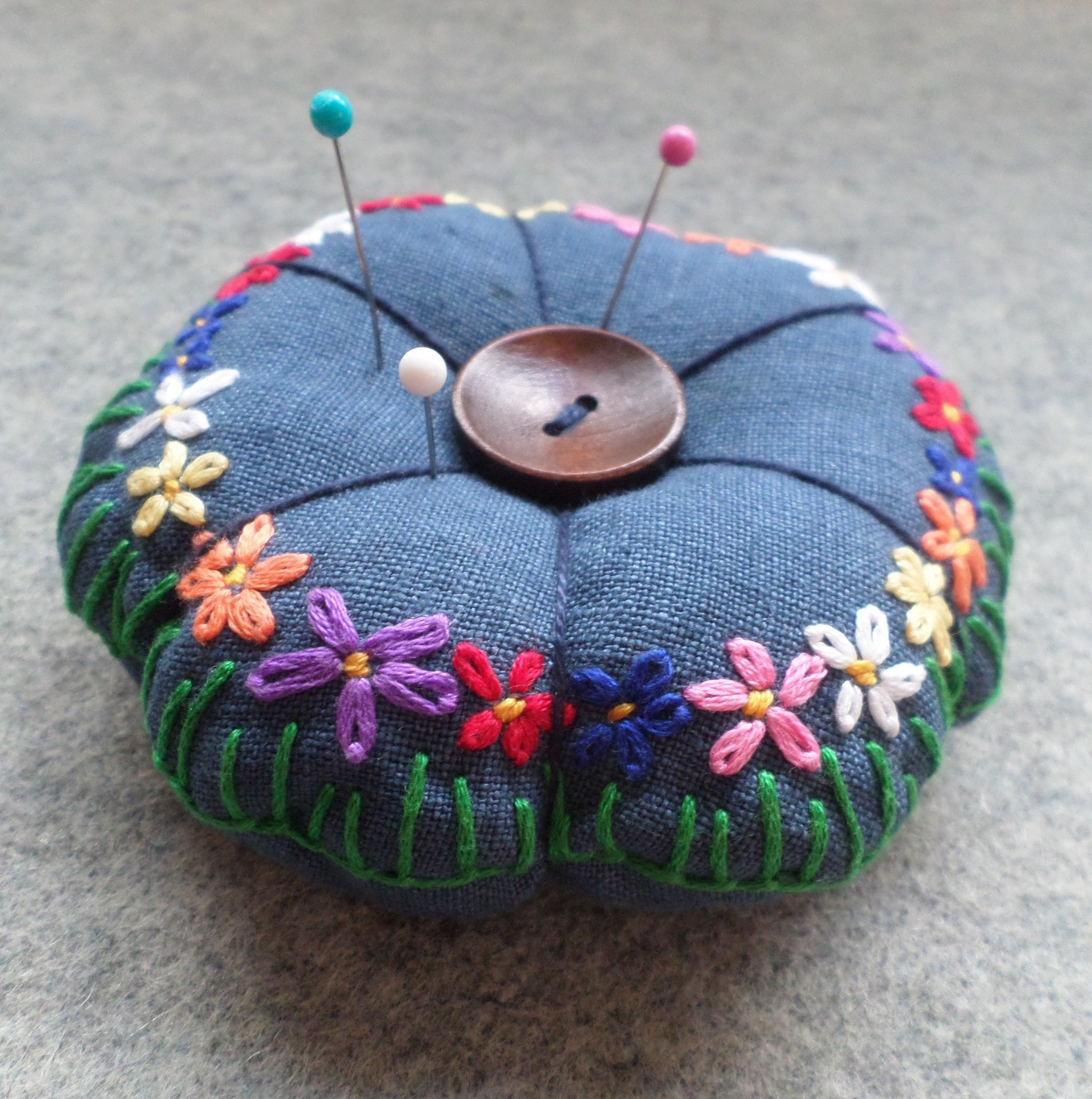 Linen Pincushion with Hand Embroidered Daisies