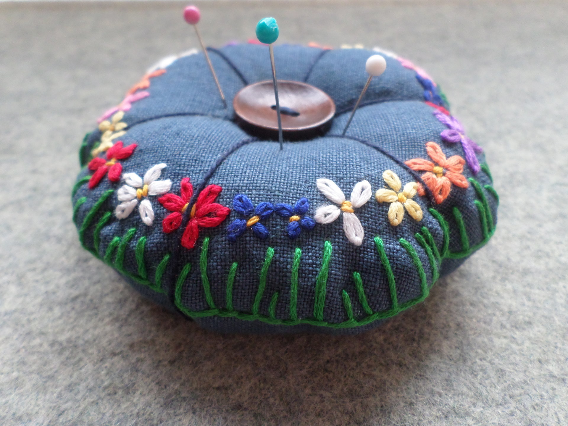 Linen Pincushion with Hand Embroidered Daisies