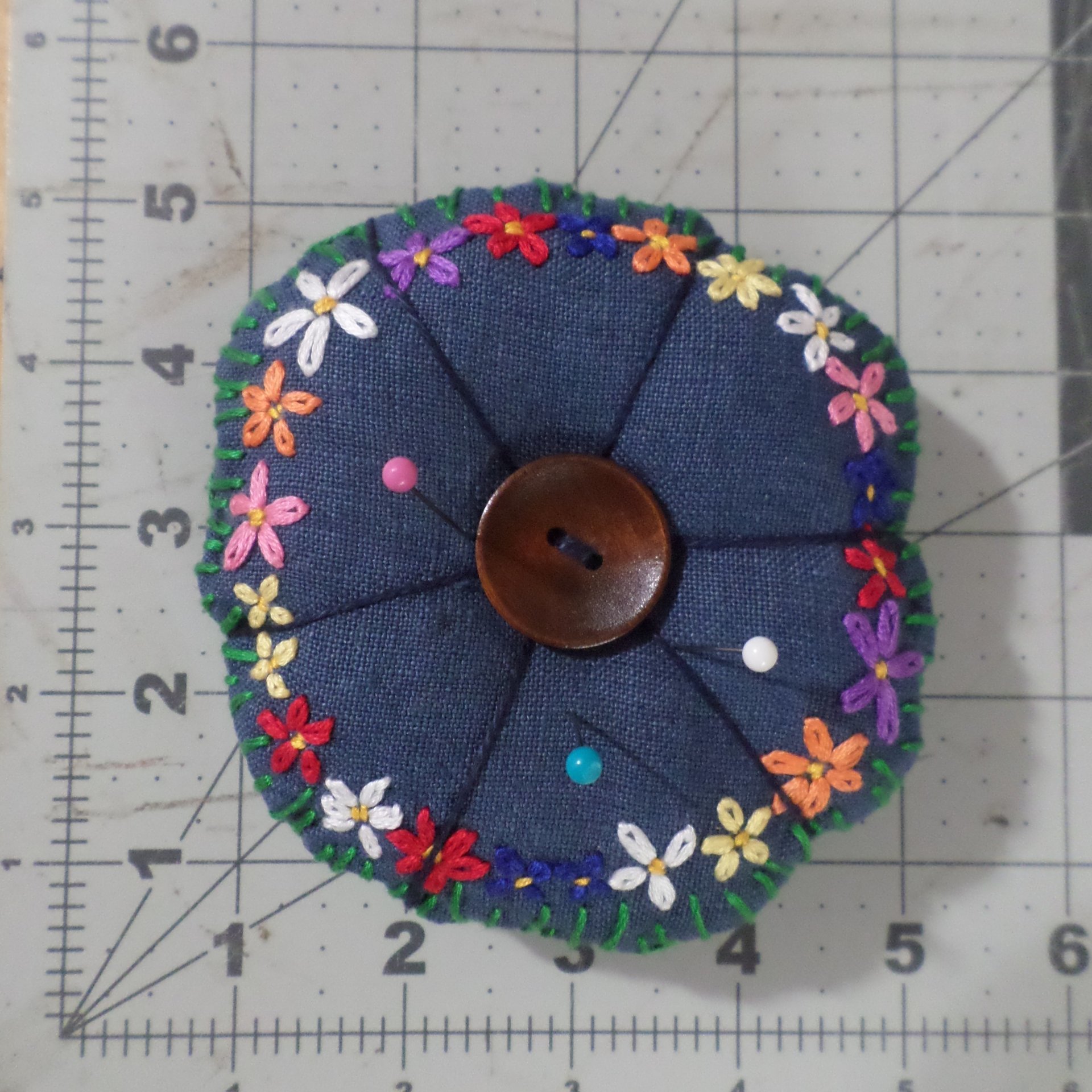 Linen Pincushion with Hand Embroidered Daisies