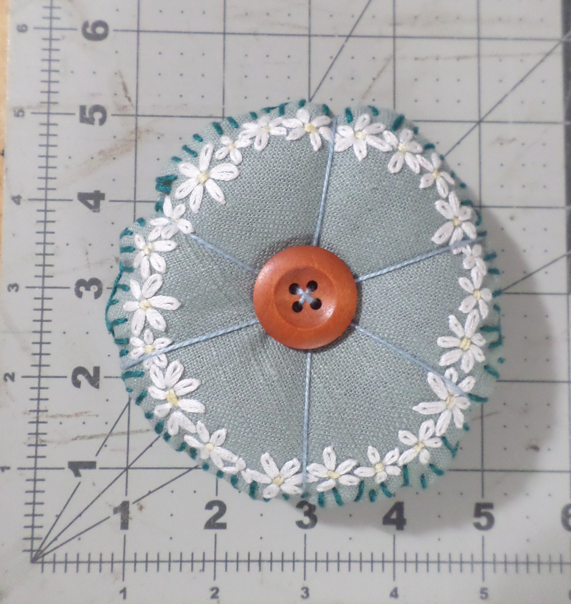 Linen Pincushion with Hand Embroidered Daisies
