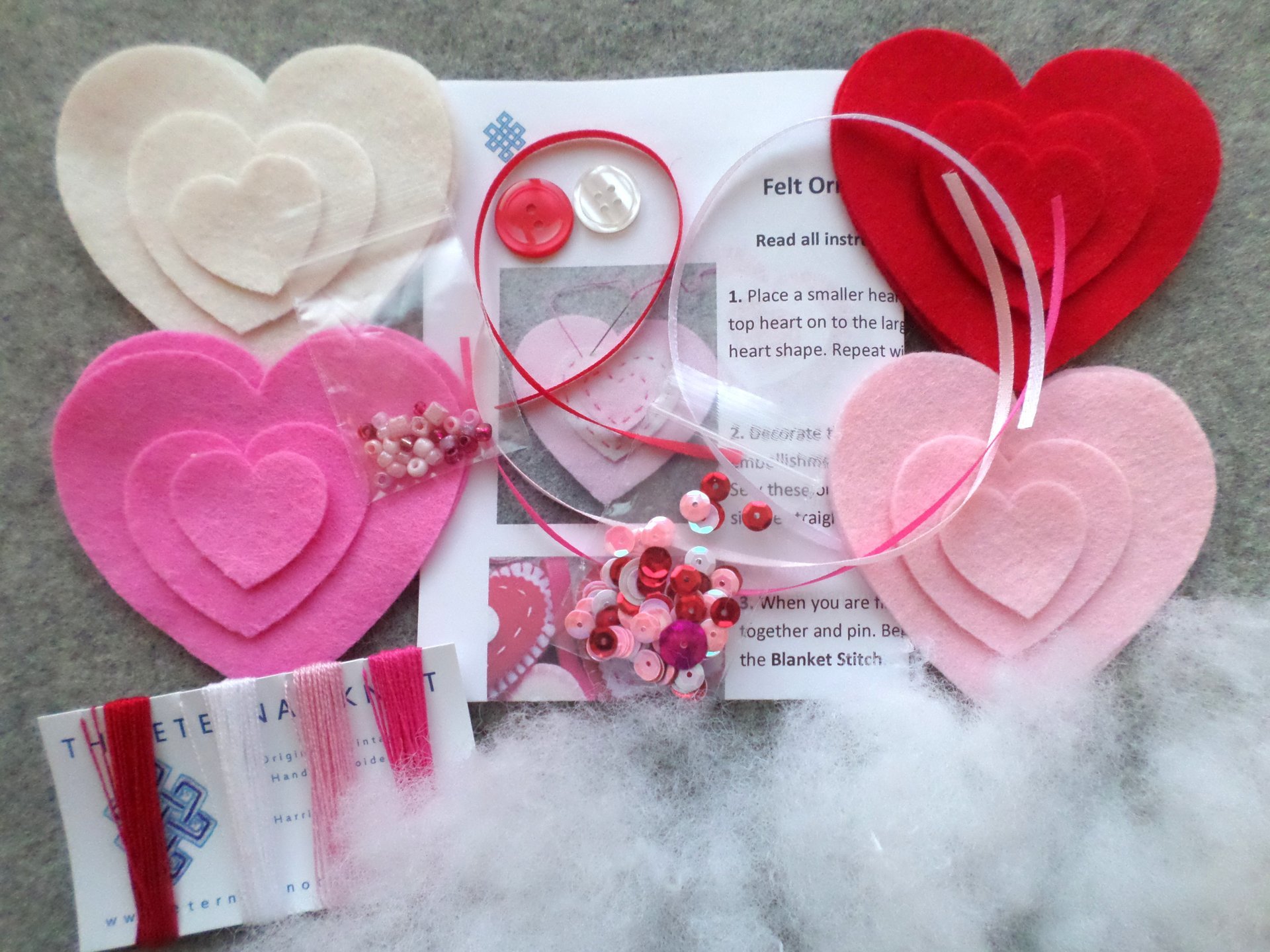Set of 4 Valentine Hearts Felt Ornaments DIY Sewing Activity Kit 
