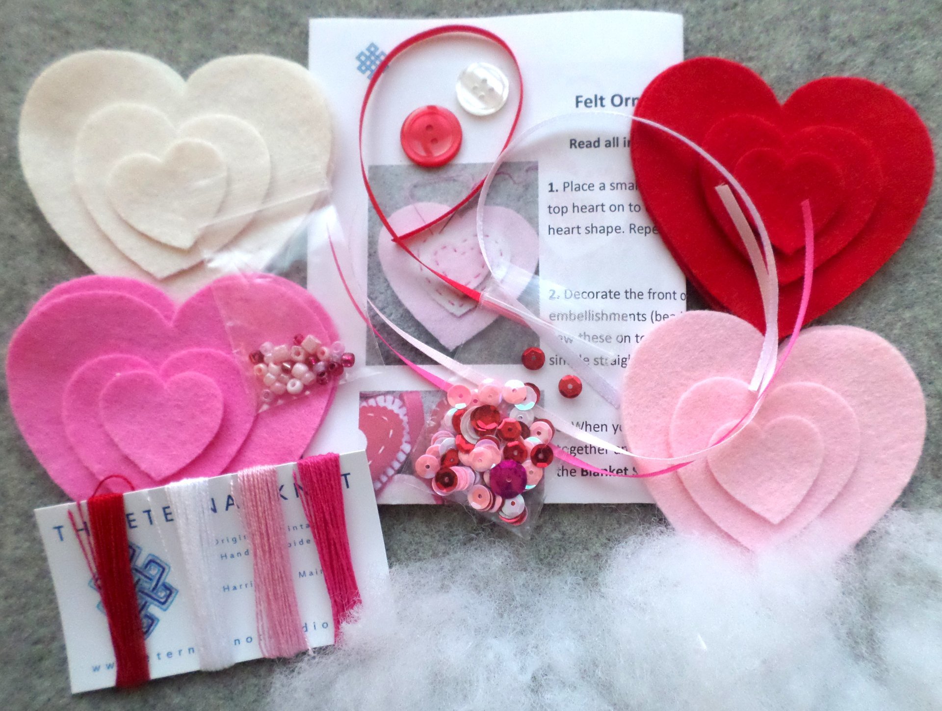 Set of 4 Valentine Hearts Felt Ornaments DIY Sewing Activity Kit 