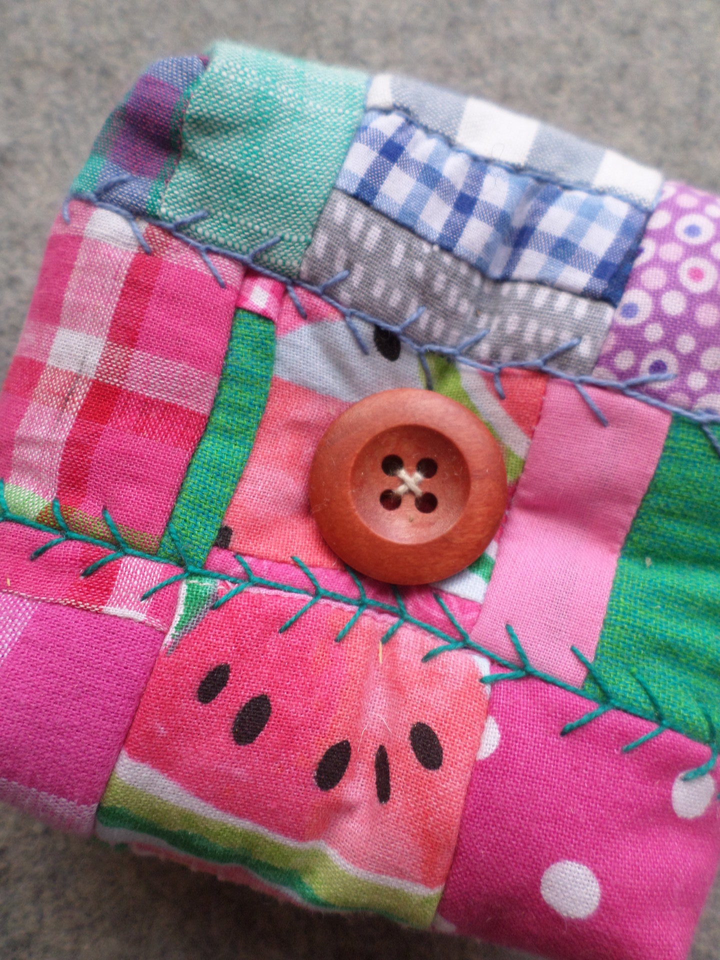 Patchwork Pincushion, Hand Embroidered Crazy Quilt Design in Pinks and Greens