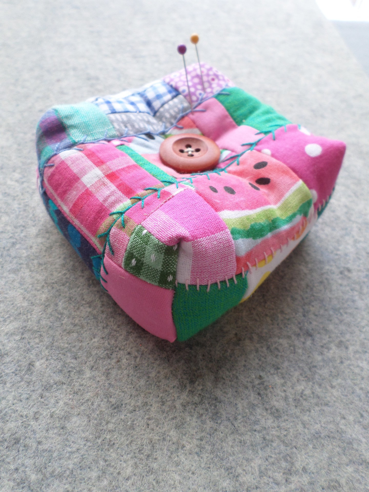 Patchwork Pincushion, Hand Embroidered Crazy Quilt Design in Pinks and Greens
