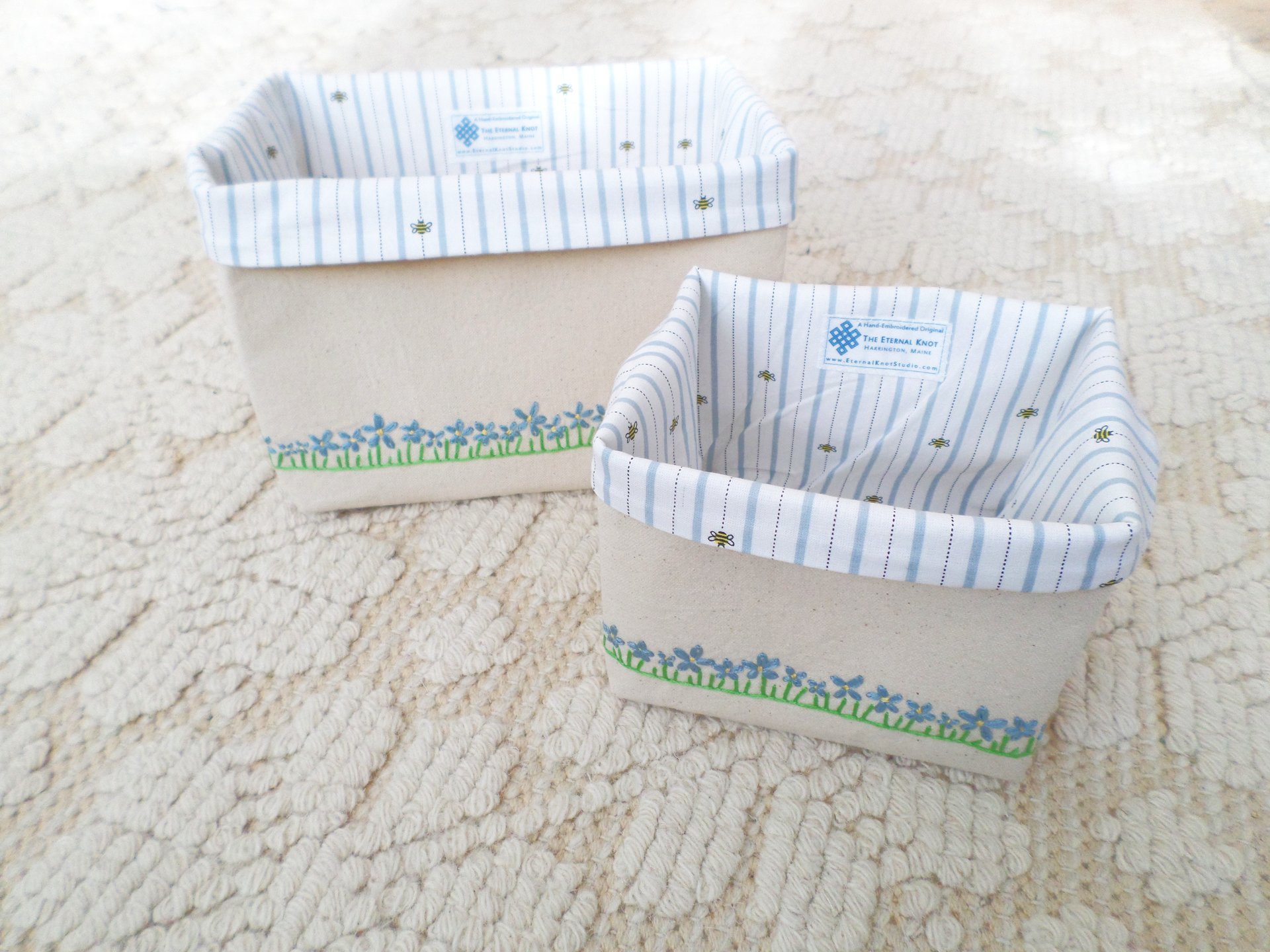 Daisies Hand Embroidered Canvas Fabric Basket