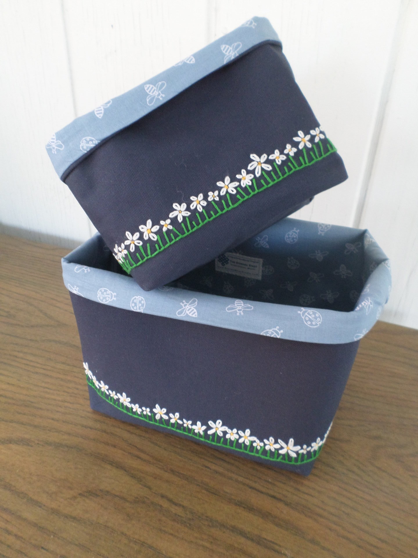 Daisies Hand Embroidered Canvas Fabric Basket
