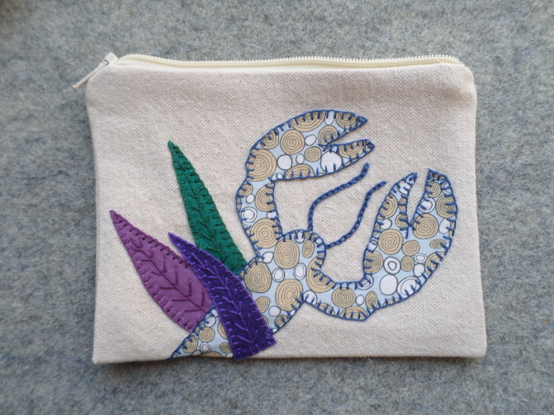 Maine Lobster Zip Bag, Hand Embroidered Coin Purse