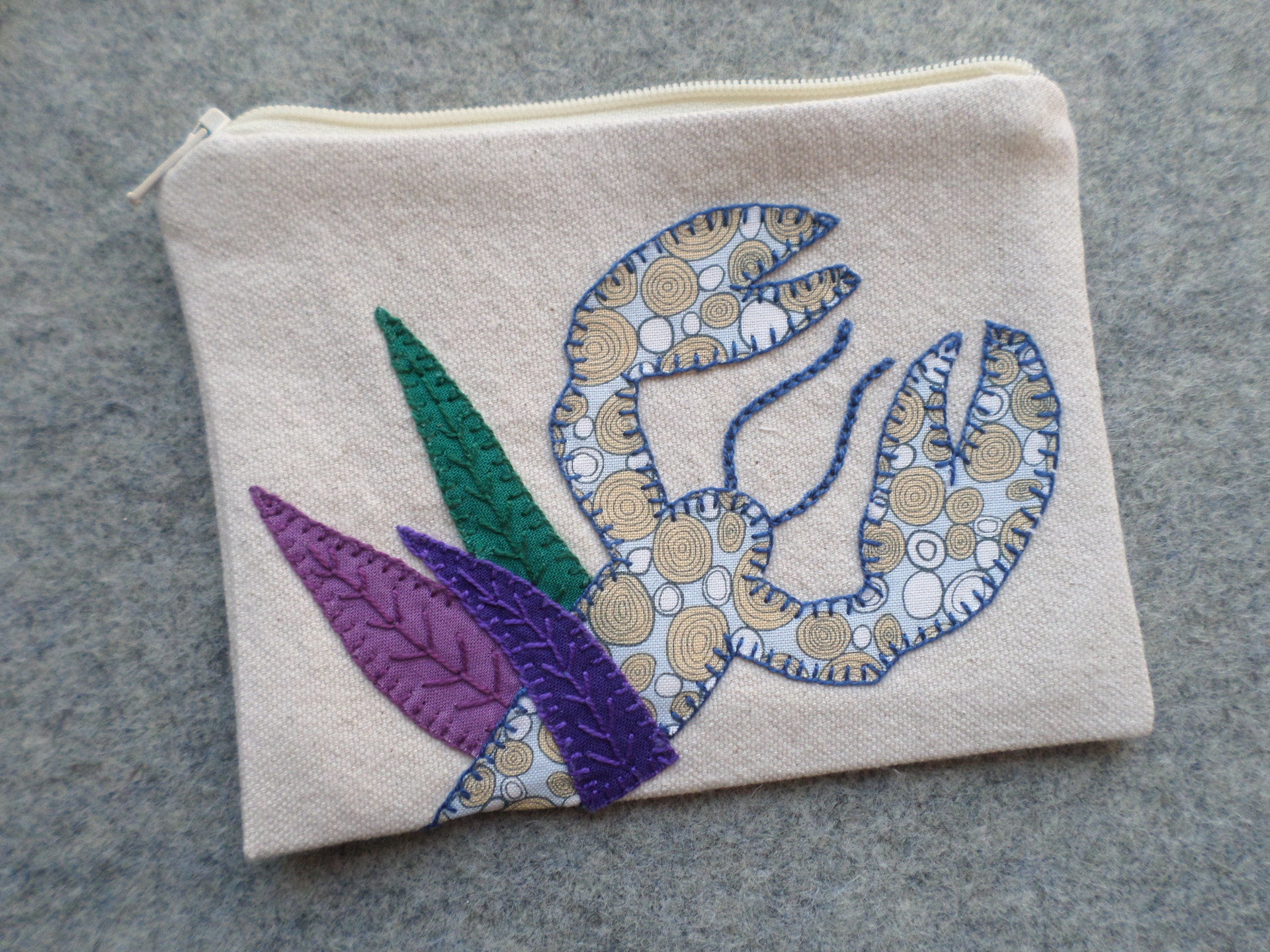 Maine Lobster Zip Bag, Hand Embroidered Coin Purse