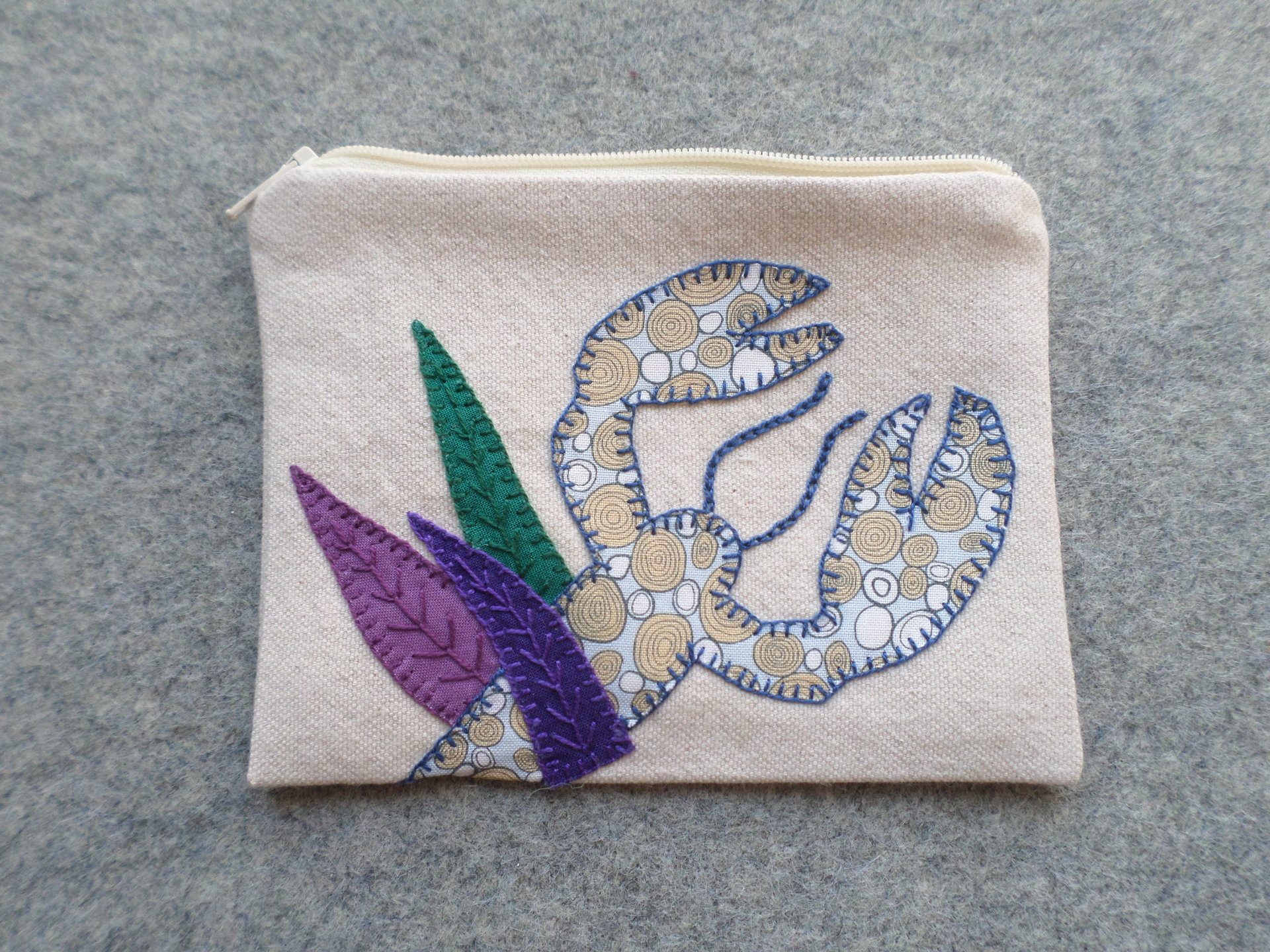 Maine Lobster Zip Bag, Hand Embroidered Coin Purse